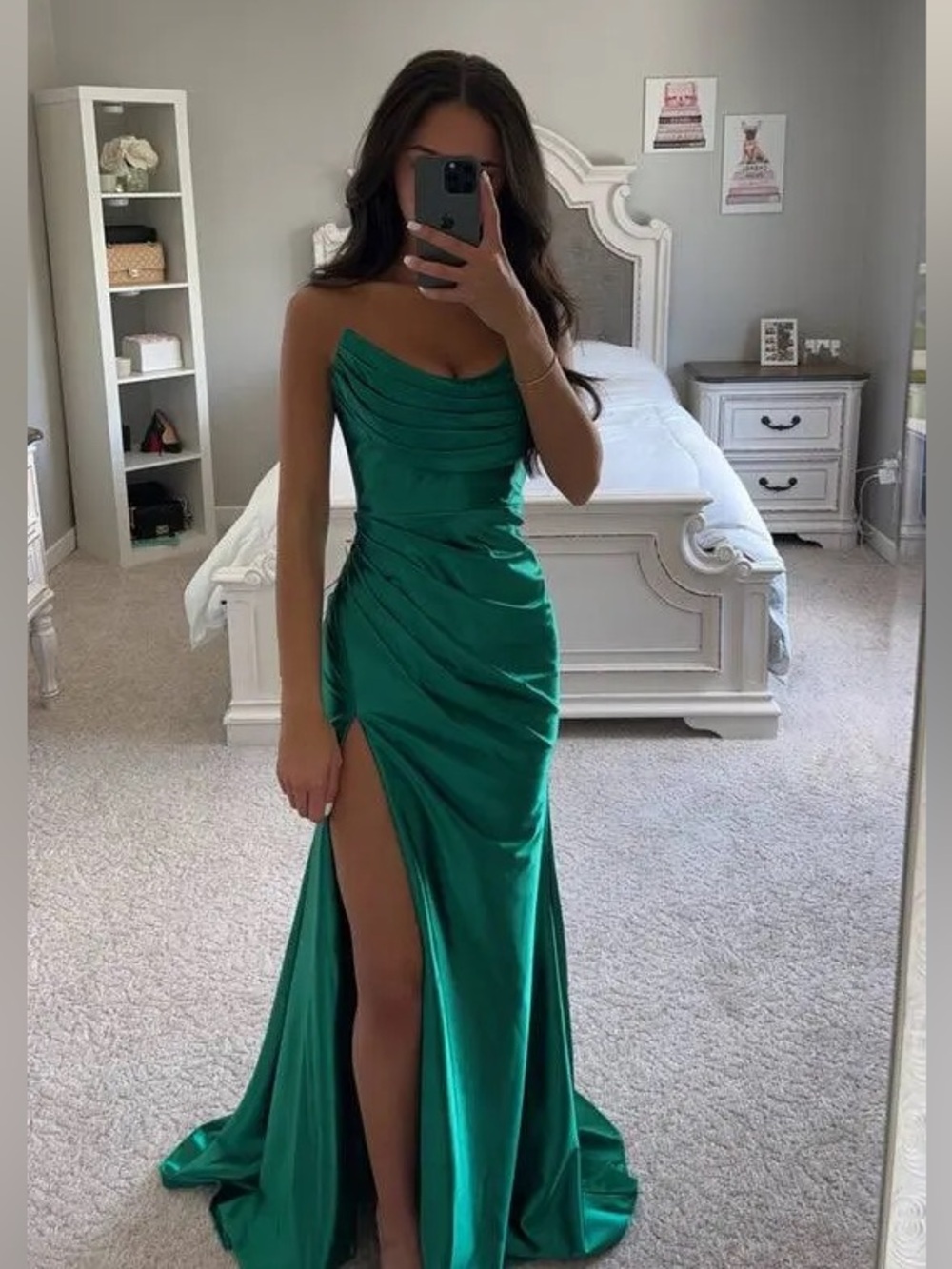 Strapless Emerald Green Satin Evening Gown